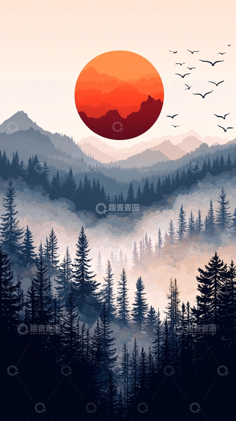 高清大图下载【趣麦麦图】雾气缭绕的山林日出