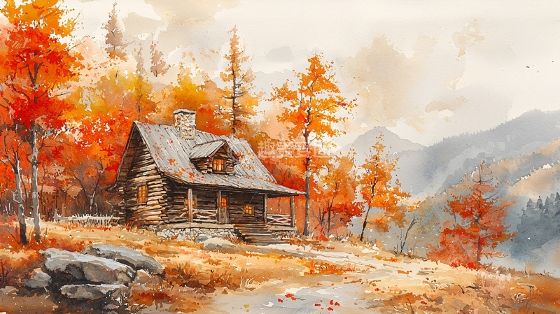 高清大图下载【趣麦麦图】秋日山林小屋水彩画