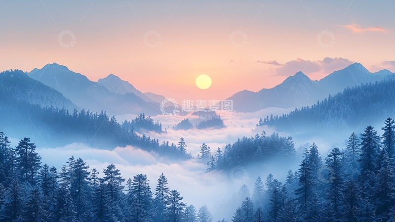 高清大图下载【趣麦麦图】山峰日出雾气森林