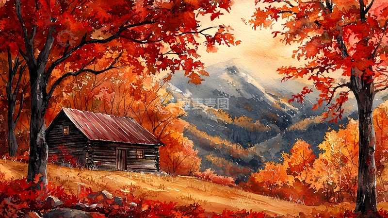 高清大图下载【趣麦麦图】秋日森林中的小木屋