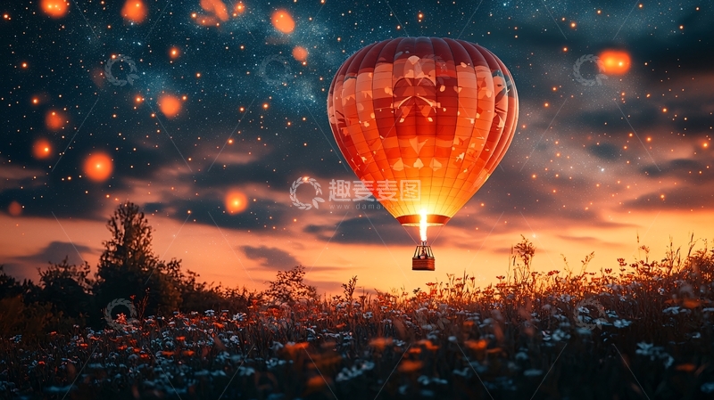 高清大图下载【趣麦麦图】热气球飞跃星空花海