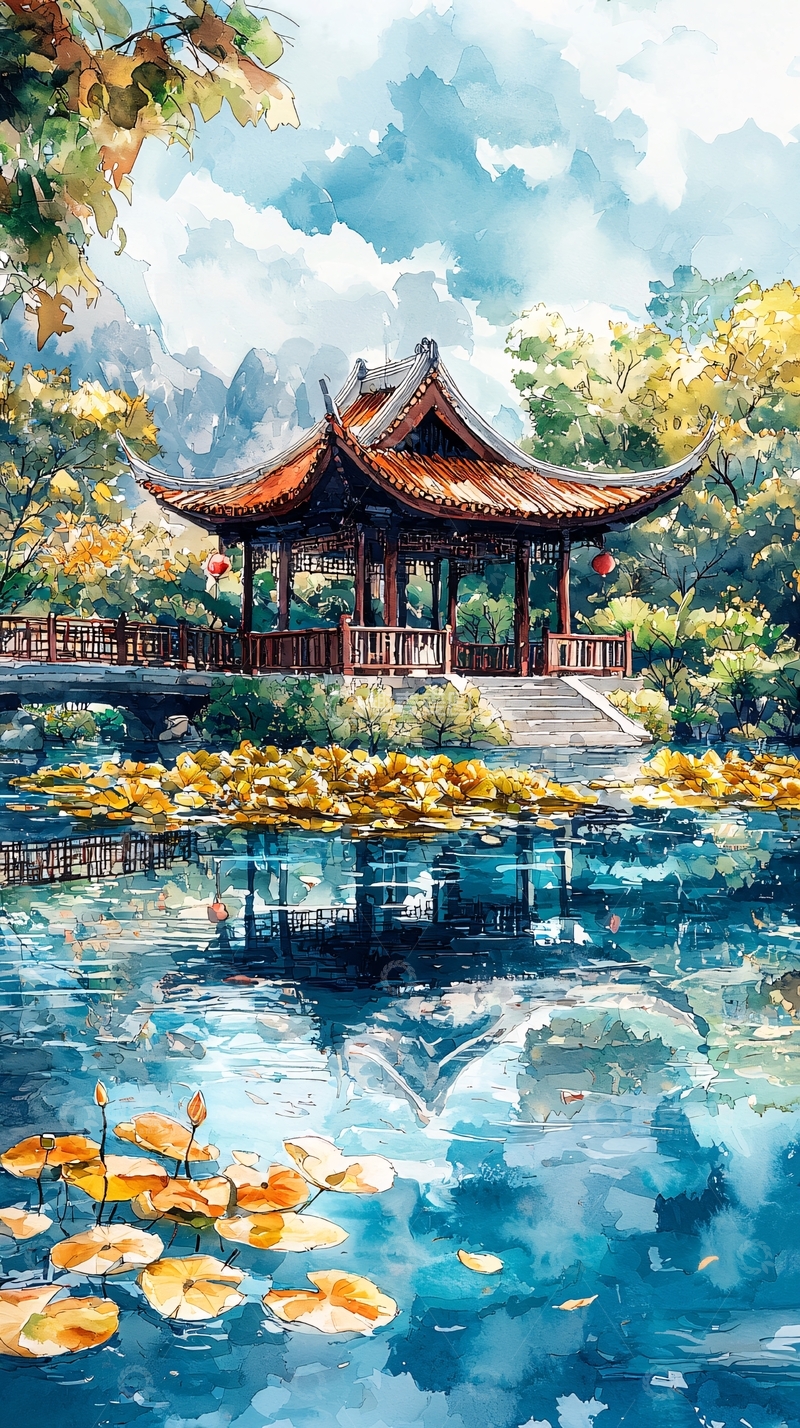 高清大图下载【趣麦麦图】水彩画风的中国亭台楼阁