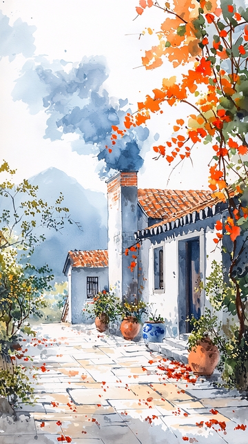乡村小屋水彩画