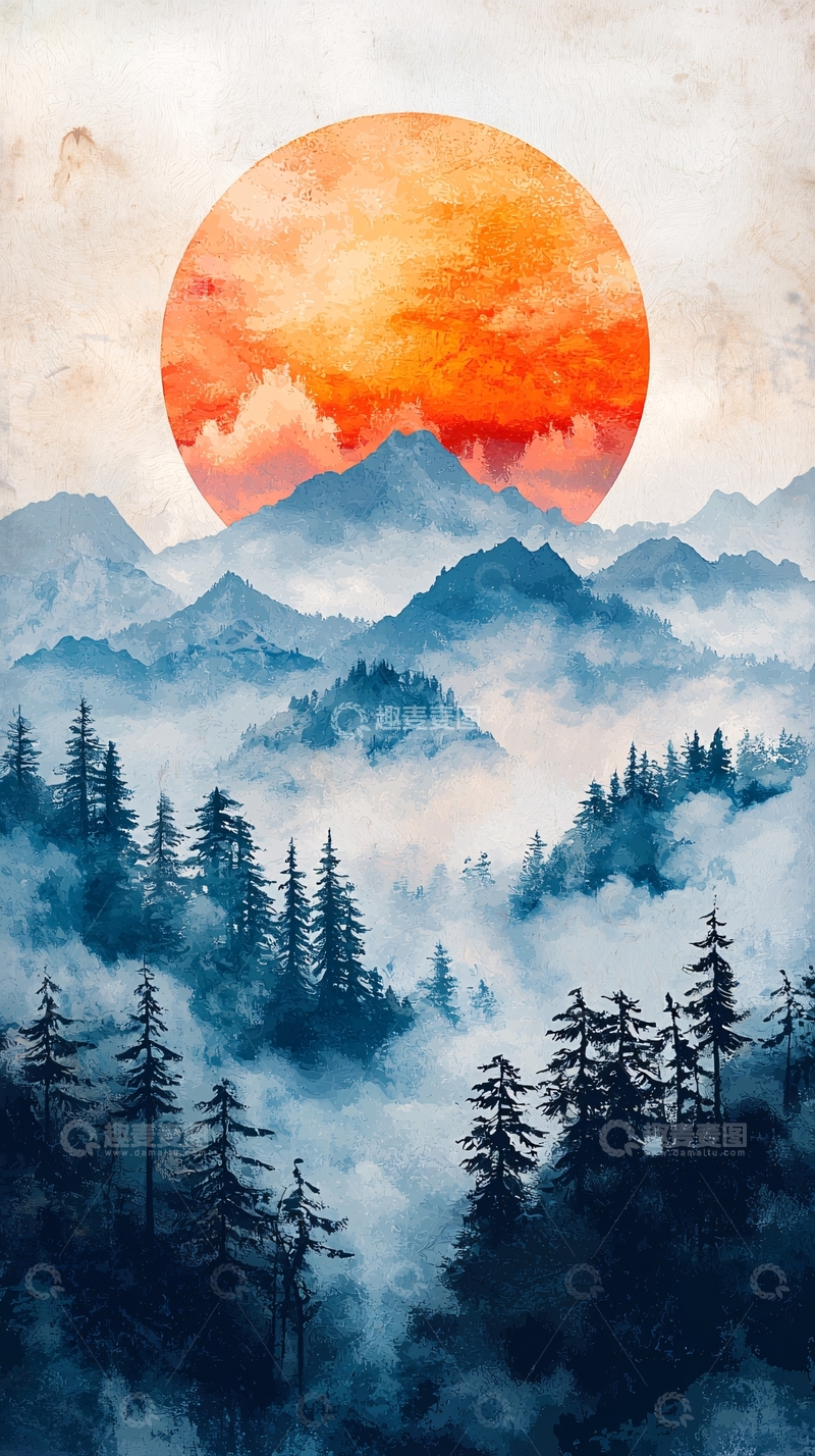 高清大图下载【趣麦麦图】水墨山峦日出