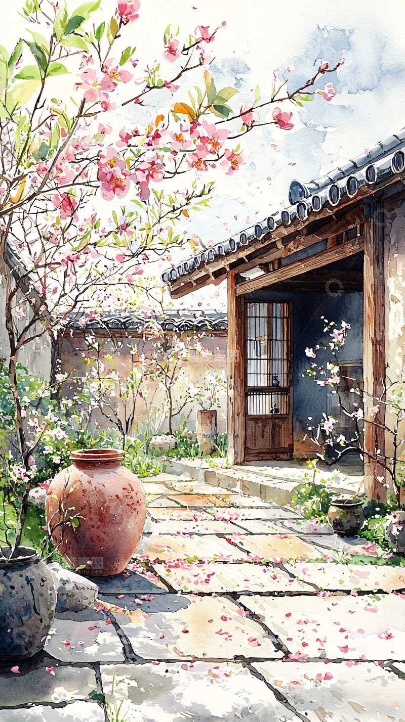 高清大图下载【趣麦麦图】中国风庭院水彩画