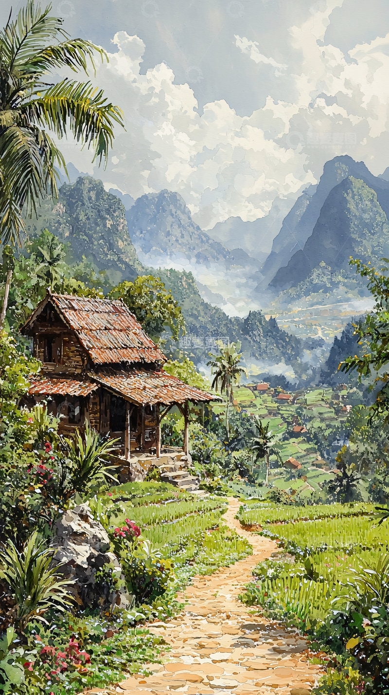 高清大图下载【趣麦麦图】热带山间的茅草小屋