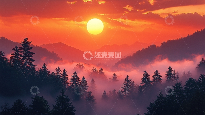 高清大图下载【趣麦麦图】红色夕阳下的山峦与雾海