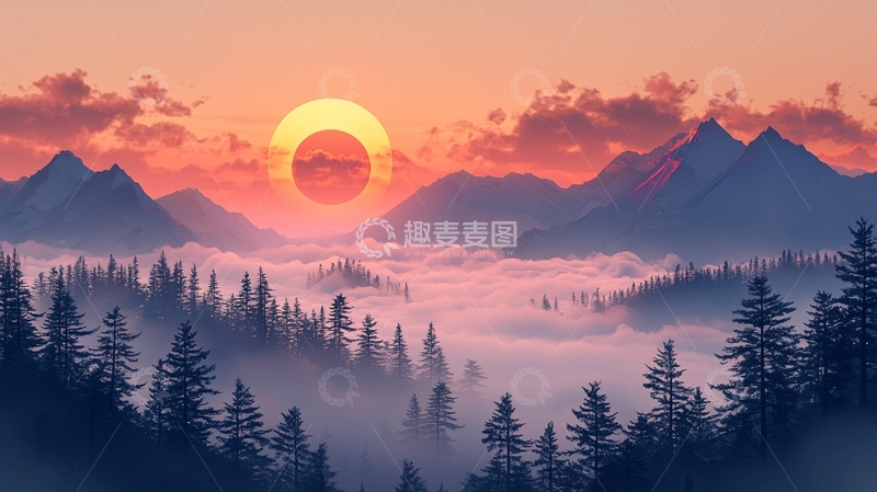 高清大图下载【趣麦麦图】日落山脉云海森林