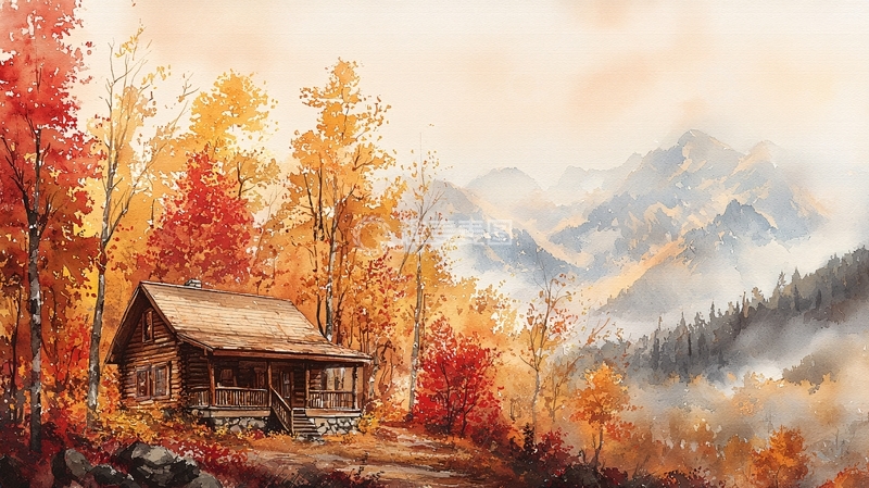 高清大图下载【趣麦麦图】秋日山林小屋