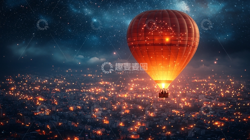 高清大图下载【趣麦麦图】夜空热气球飞跃灯火城市
