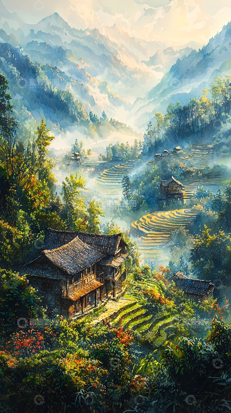 高清大图下载【趣麦麦图】山间田园水墨风光