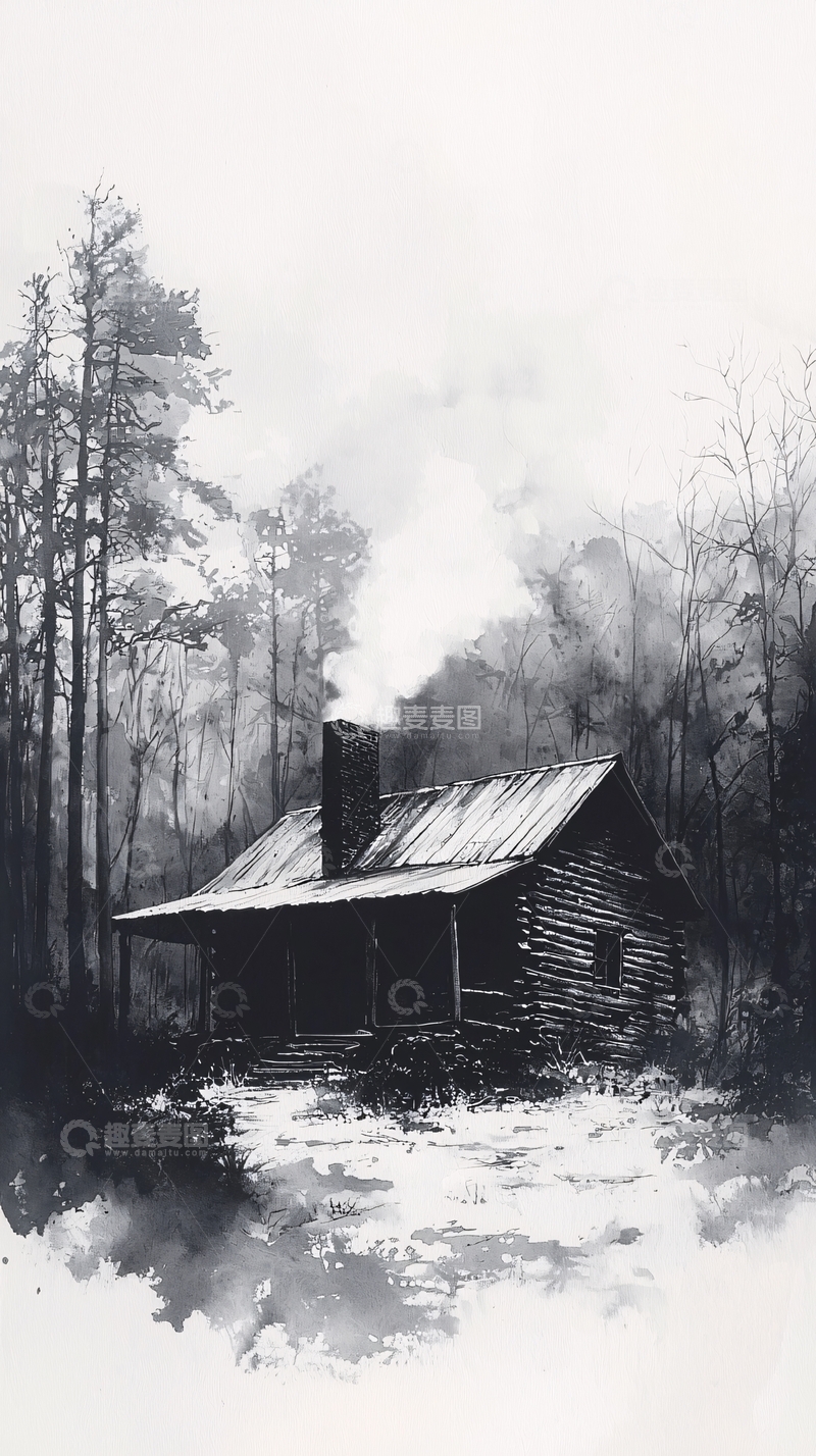 高清大图下载【趣麦麦图】林中小屋烟囱冒烟