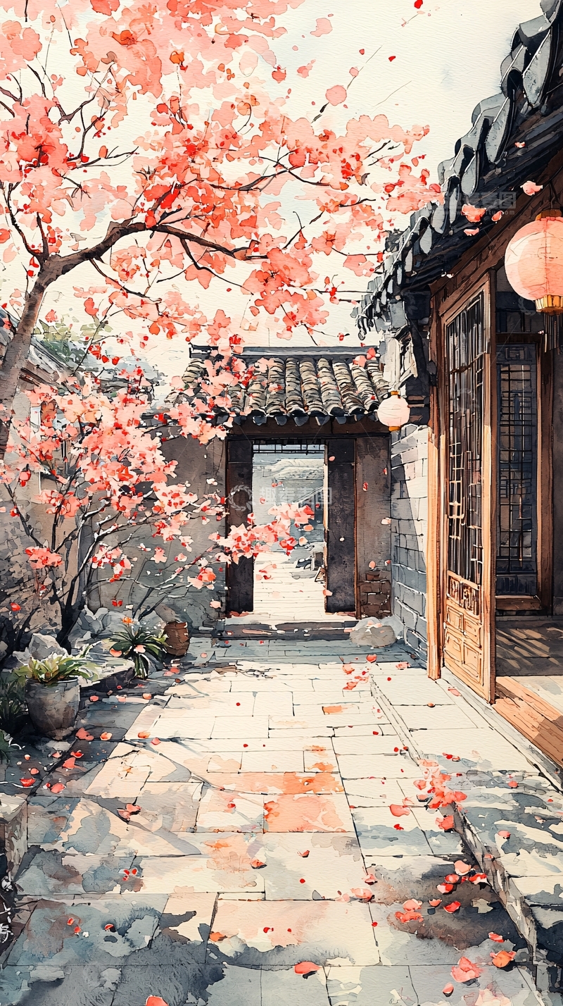 高清大图下载【趣麦麦图】古风庭院落英缤纷
