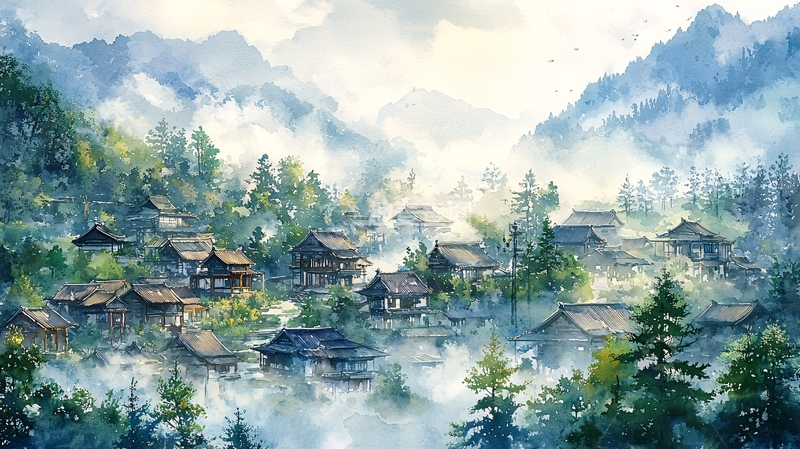 高清大图下载【趣麦麦图】山水水墨画风乡村景色
