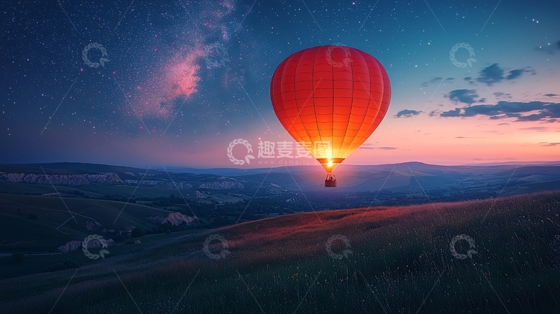 高清大图下载【趣麦麦图】夜空中燃烧的红色热气球