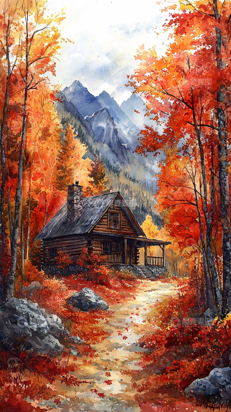 高清大图下载【趣麦麦图】秋日山林小屋