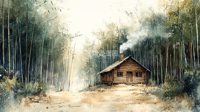 高清大图下载【趣麦麦图】林中木屋水彩画