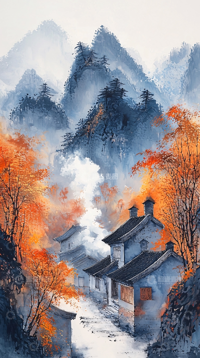 高清大图下载【趣麦麦图】水墨山水村庄秋色朦胧