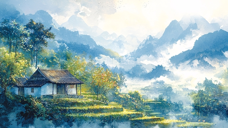 高清大图下载【趣麦麦图】山水田园小屋风景