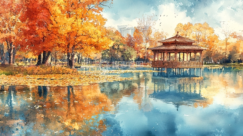 高清大图下载【趣麦麦图】秋日湖畔亭台水彩画