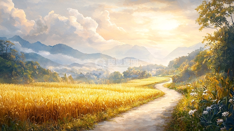 高清大图下载【趣麦麦图】金色麦田上的阳光小路