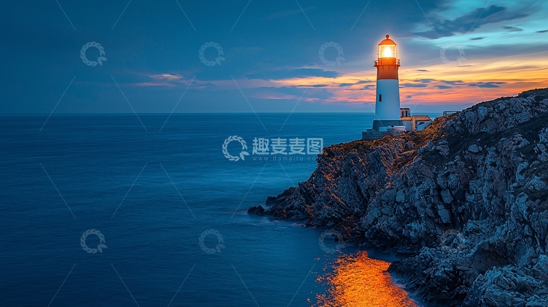 高清大图下载【趣麦麦图】傍晚海边灯塔剪影