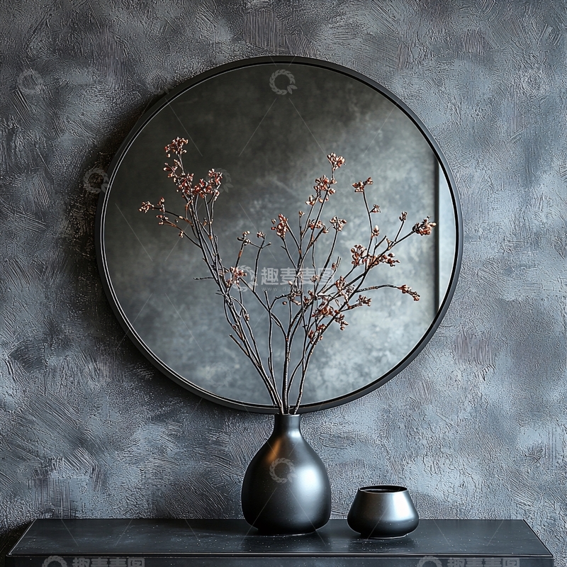 高清大图下载【趣麦麦图】圆形镜子与花瓶静物