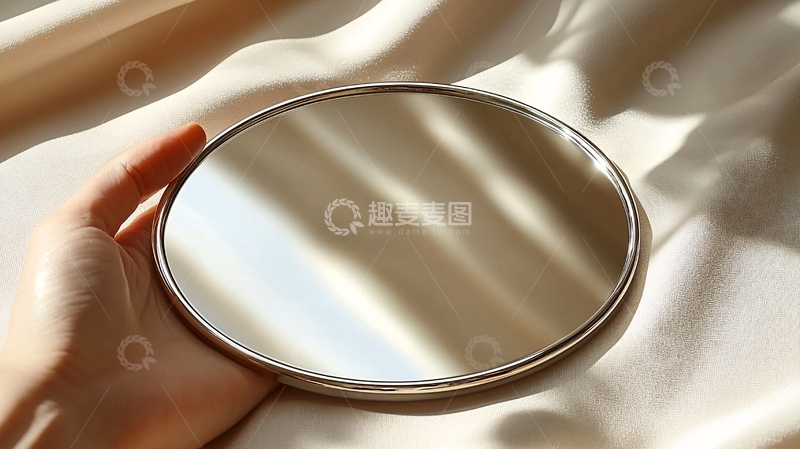 高清大图下载【趣麦麦图】手持圆形镜子在丝绸上反射光线