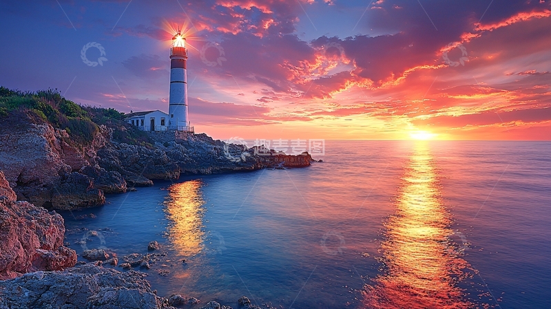 高清大图下载【趣麦麦图】日落海景灯塔