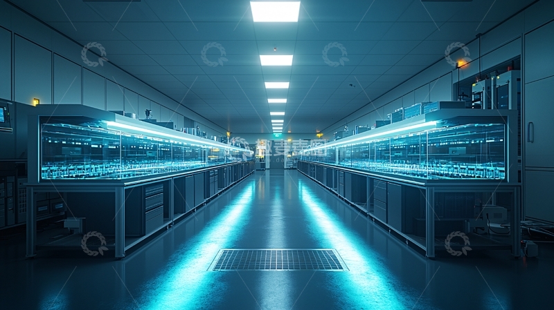 高清大图下载【趣麦麦图】蓝色灯光下的现代化实验室走廊