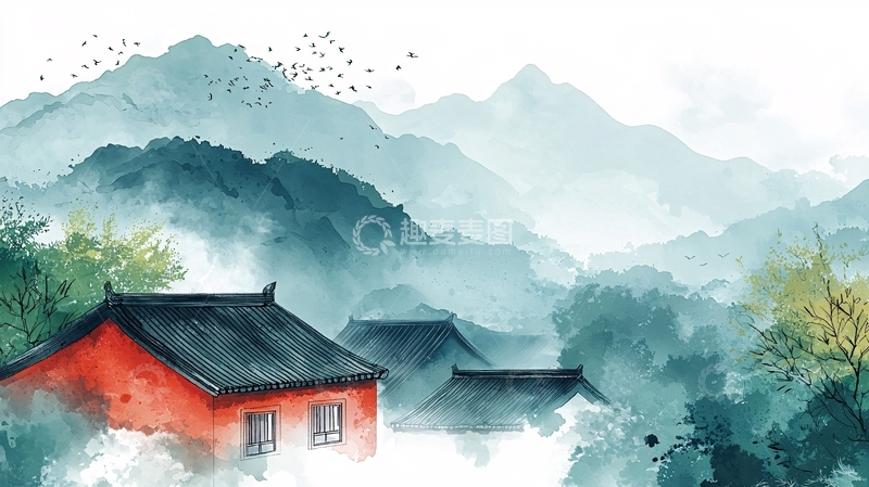 高清大图下载【趣麦麦图】水墨山水间的红色建筑