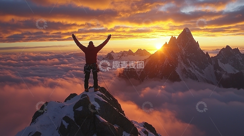 高清大图下载【趣麦麦图】山顶日出庆祝的登山者