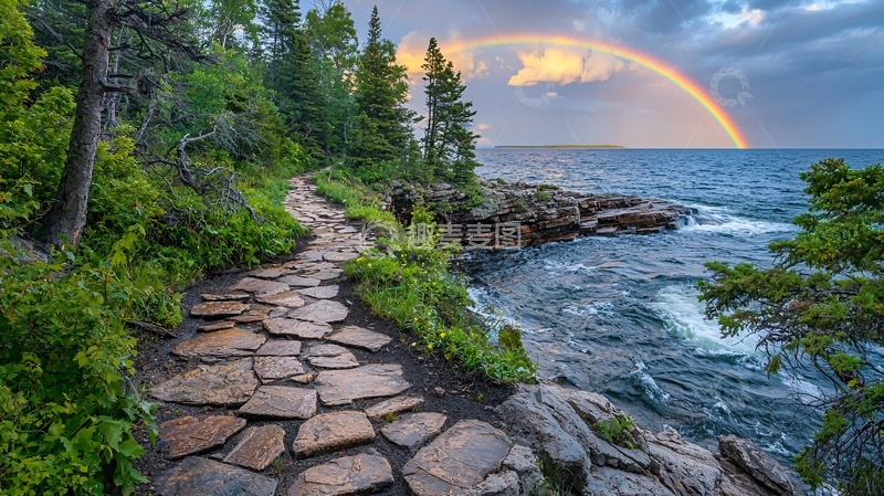 高清大图下载【趣麦麦图】彩虹湖边石板路