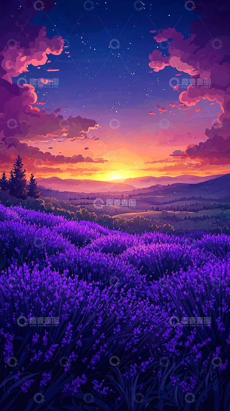 高清大图下载【趣麦麦图】薰衣草田日落美景