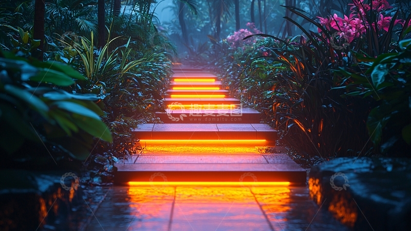 高清大图下载【趣麦麦图】发光台阶雨夜花园
