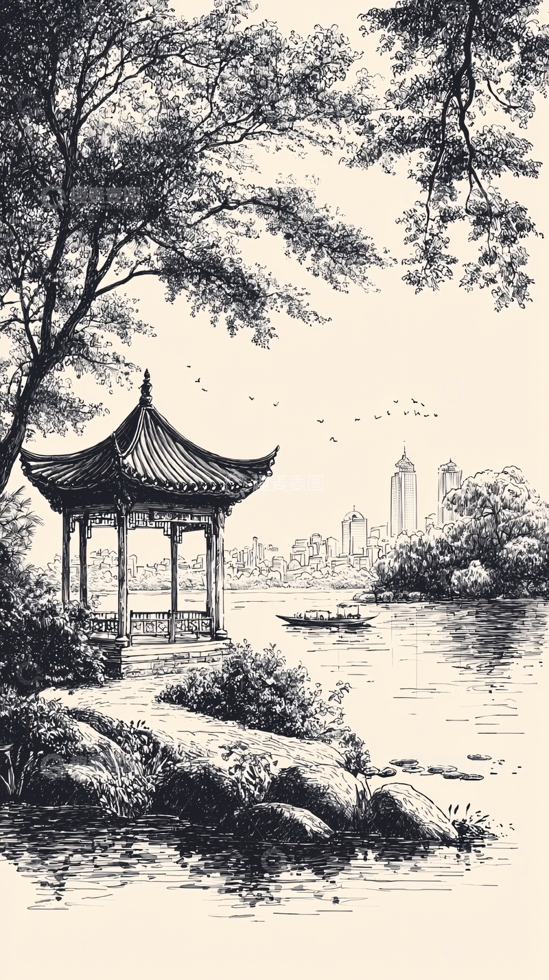 高清大图下载【趣麦麦图】水边亭台楼阁风景素描
