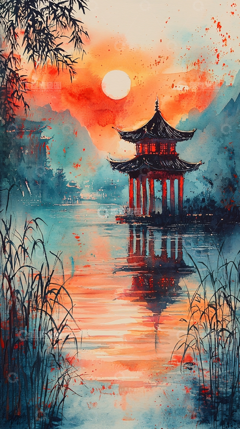 高清大图下载【趣麦麦图】湖边亭台楼阁日落水彩画