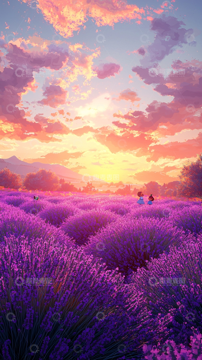 高清大图下载【趣麦麦图】薰衣草田的日落美景
