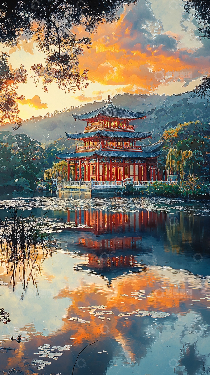 高清大图下载【趣麦麦图】湖中倒影的红楼