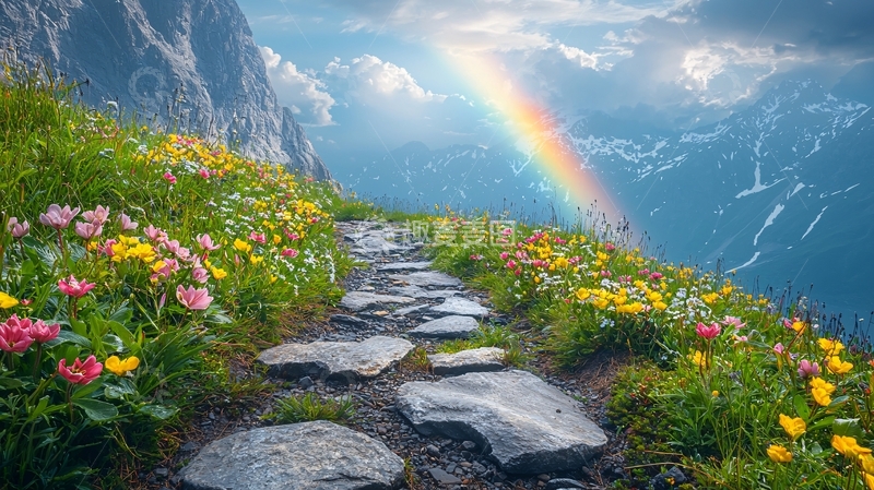 高清大图下载【趣麦麦图】彩虹山路鲜花
