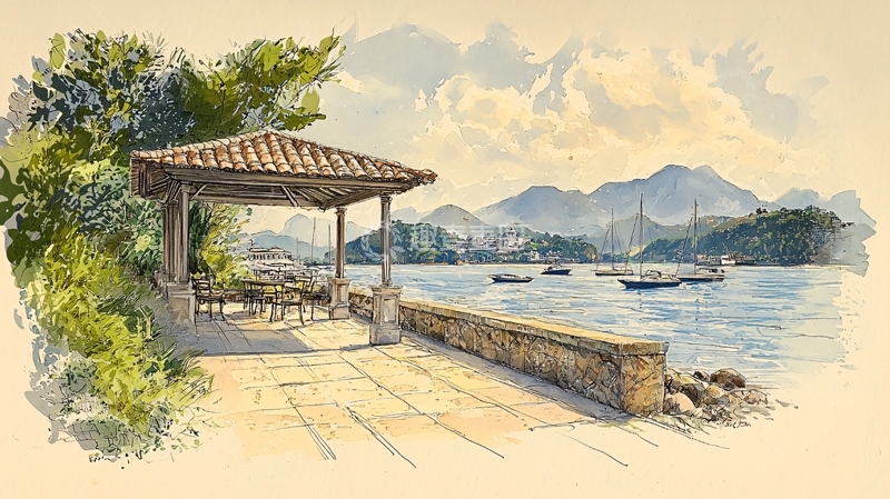 高清大图下载【趣麦麦图】海边凉亭远眺山水风景