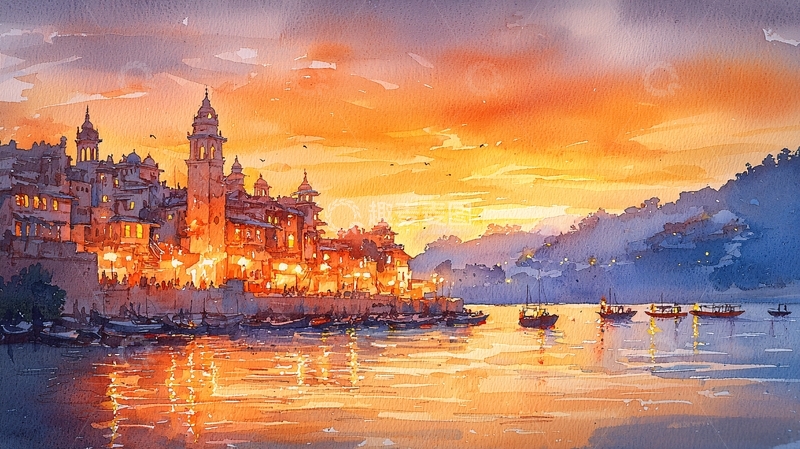 高清大图下载【趣麦麦图】唯美日落下的水边城市风景