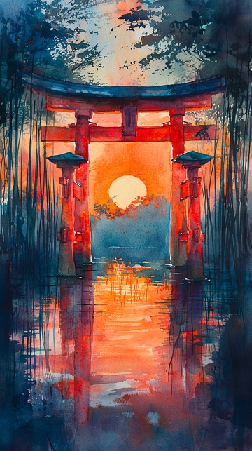 日式鸟居水面倒影落日