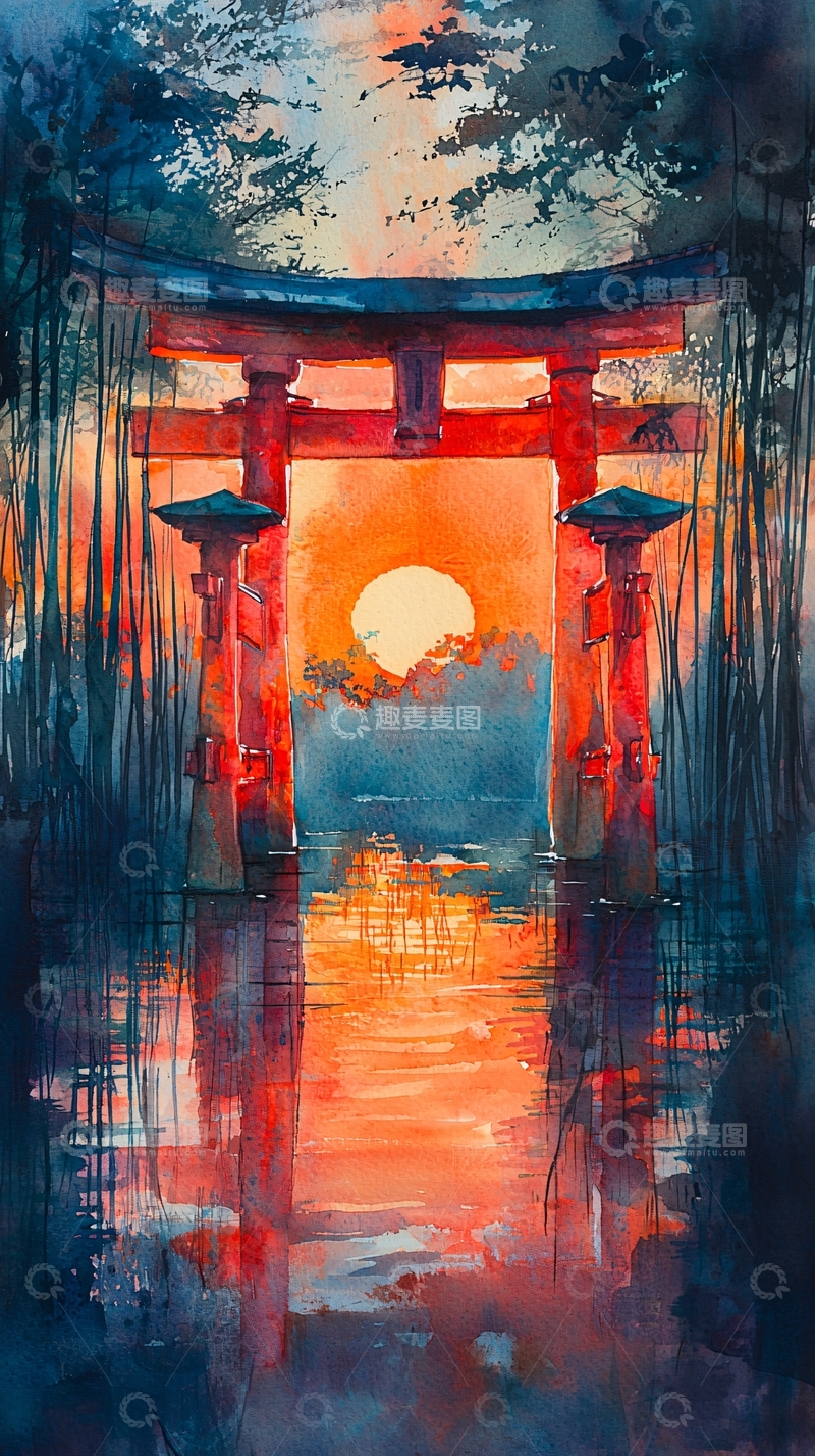 高清大图下载【趣麦麦图】日式鸟居水面倒影落日