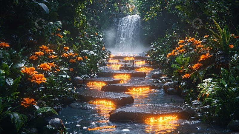 高清大图下载【趣麦麦图】热带雨林瀑布石阶
