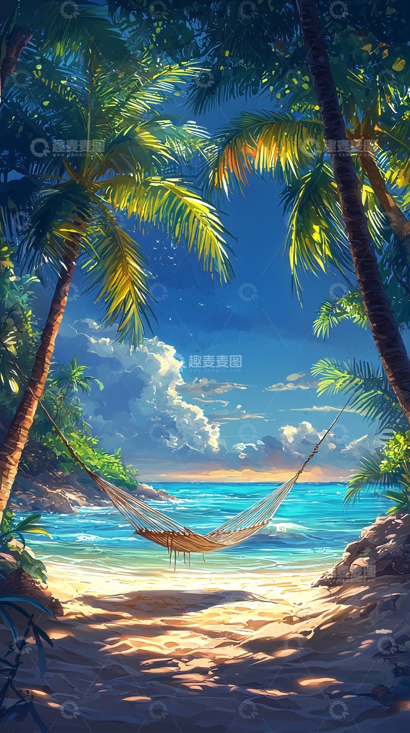 高清大图下载【趣麦麦图】热带海滩吊床风景