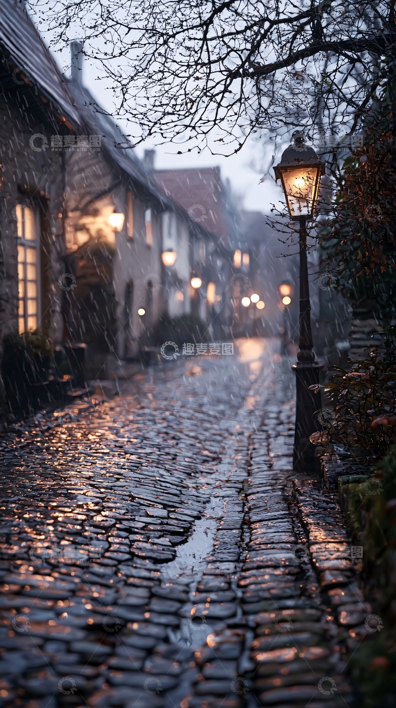 高清大图下载【趣麦麦图】雨夜石板路老街