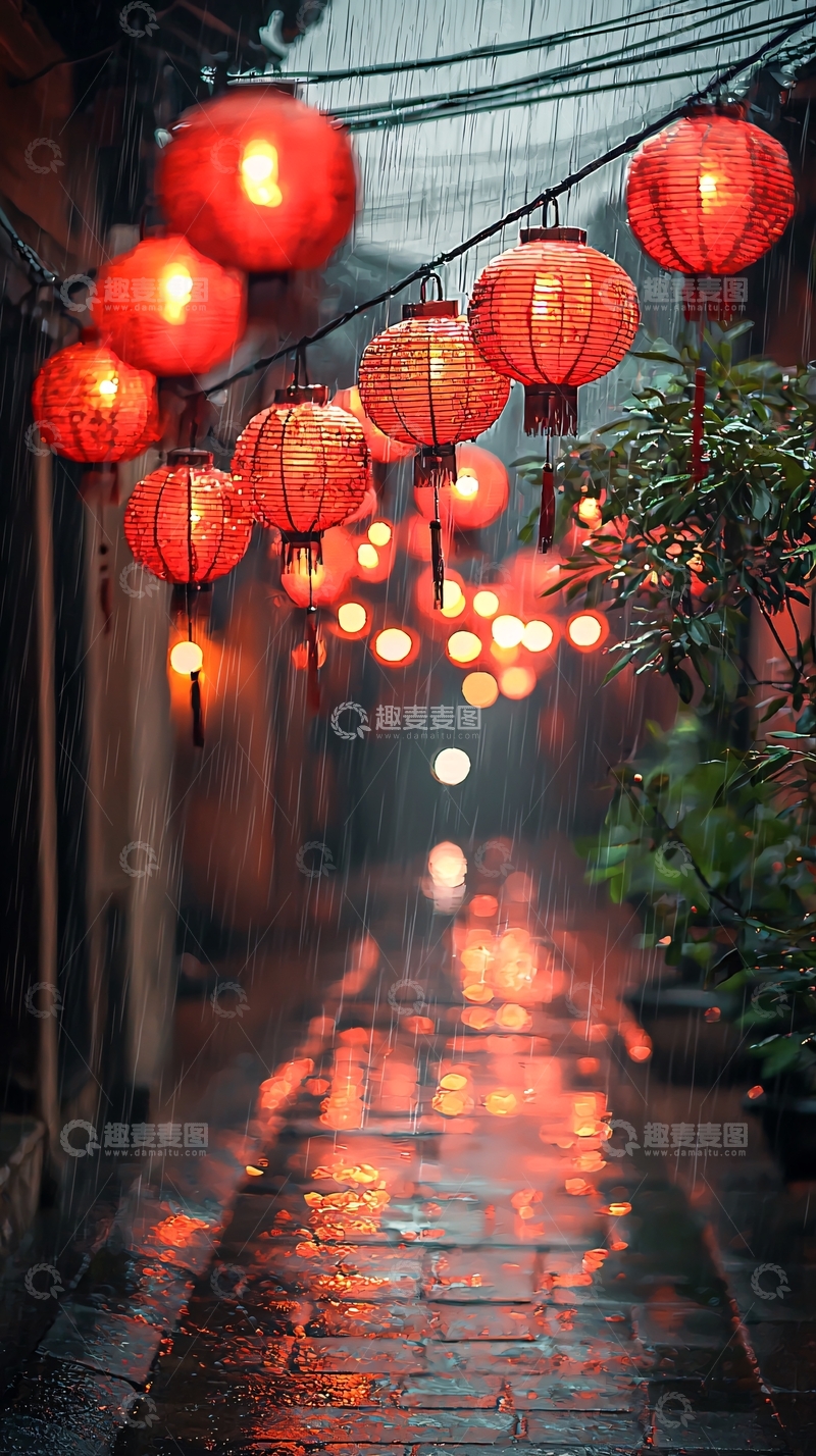 高清大图下载【趣麦麦图】雨中红灯笼古巷