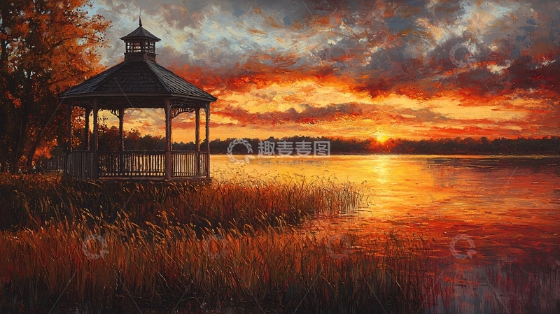 高清大图下载【趣麦麦图】秋日黄昏湖边凉亭