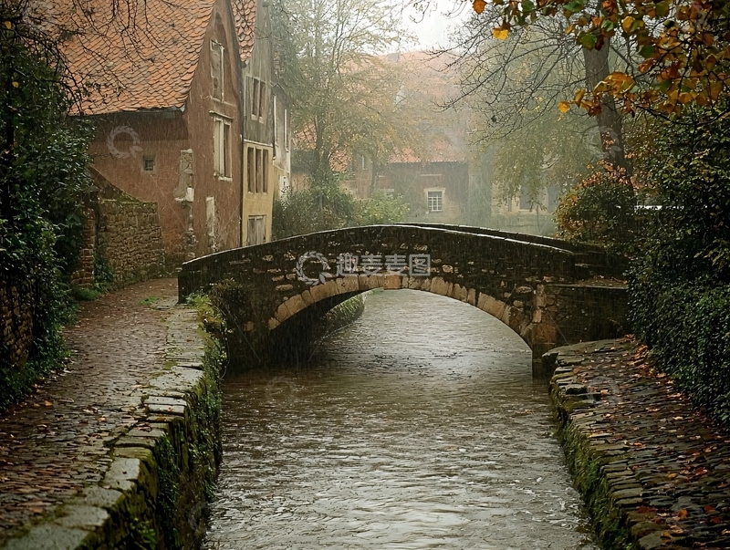 高清大图下载【趣麦麦图】秋日小镇石桥小河